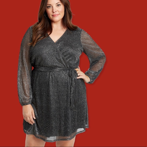 LARGE Black Metallic Wrap Tie Waist Mini Dress - Picture 8 of 17